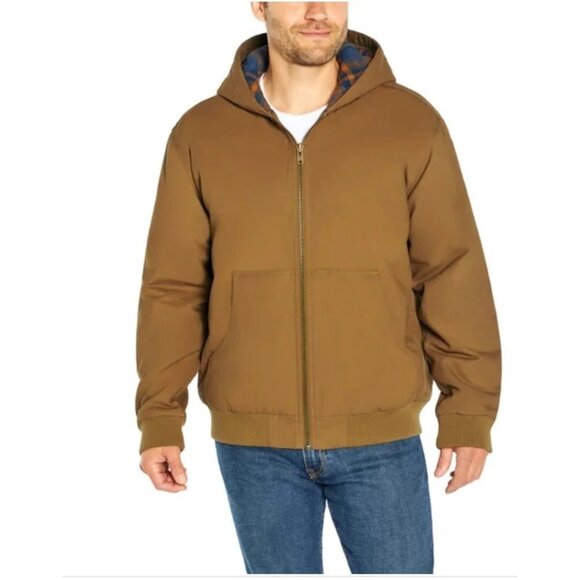 NWOT Woolrich Men's XL Canvas Bomber Jacket Flannel Plaid Lined Full Zip Hoodie - Picture 1 of 8